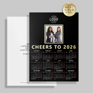 Logo Photo Black Minimalist Calendar 2026 Business Foil Holiday Card