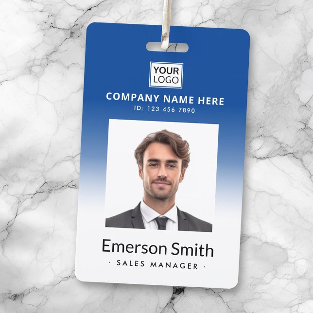 Logo photo blue gradient employee name title id ID badge (Creator Uploaded)
