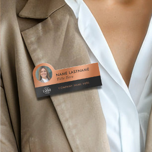 Logo Photo Faux Copper Black Business Employee Name Tag