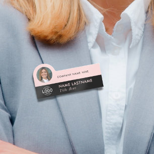 Logo Photo ID Modern Blush Pink Black Business Name Tag