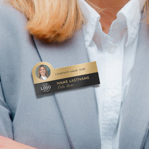 Logo Photo Professional Faux Gold Black Business Name Tag