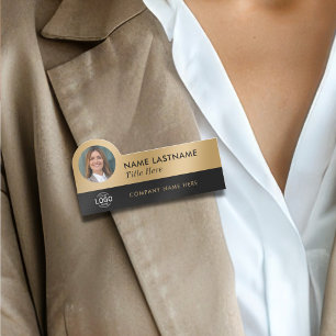 Logo Photo Sleek Faux Gold Black Business Employee Name Tag