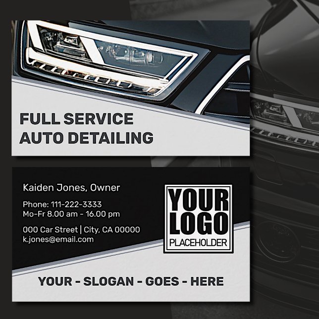 Logo Photo Template Cool Black Grey Car Service Business Card (Creator Uploaded)