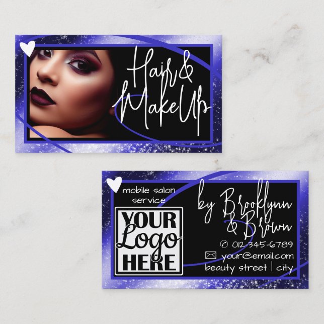 Logo Photo Template Stylish Blue Frame Heart Luxe Business Card (Front/Back)