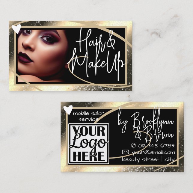 Logo Photo Template Stylish Gold Frame Heart Luxe Business Card (Front/Back)