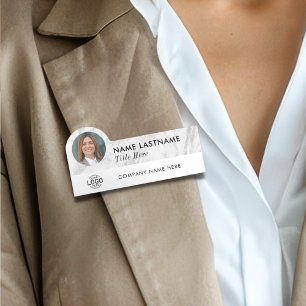 Logo Photo Title Sleek Faux Grey Marble Employee Name Tag