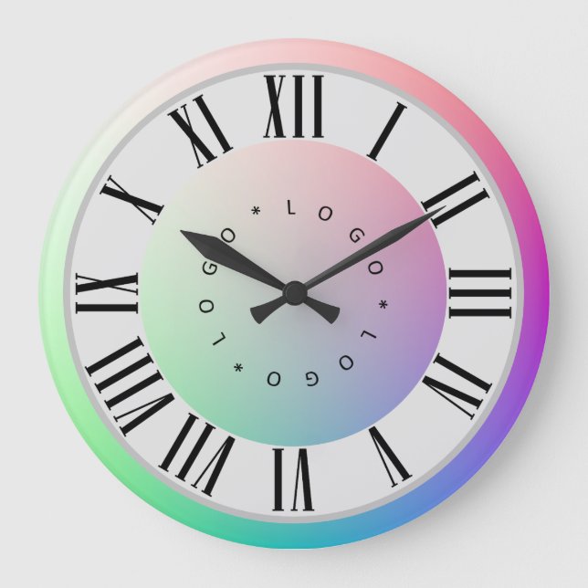 Logo Photo Two Rainbow Discs Roman Numeral Markers Large Clock (Front)