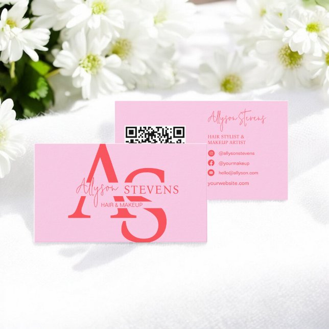 Logo pink initials hair makeup qr code business card (Logo pink initials hair makeup qr code business card)