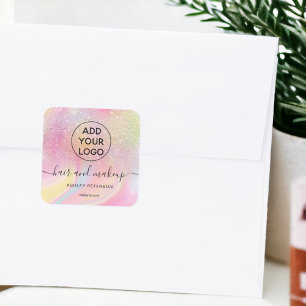 Logo pink rainbow glitter marble chic hair makeup square sticker