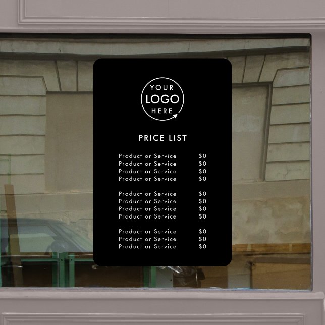Logo Price List | Black Business Modern Minimalist Window Cling (A simple practical solution for presenting your products or services with clarity & style.)