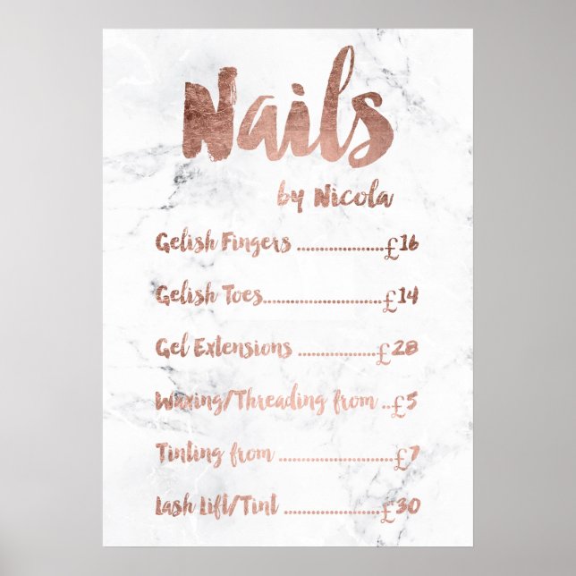 Logo price list typography rose gold white marble poster (Front)