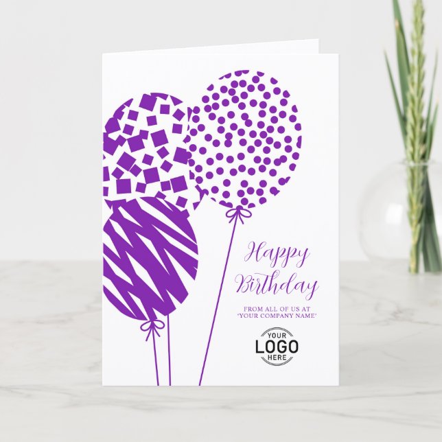 Logo Purple White Balloons Corporate Birthday Card (Front)