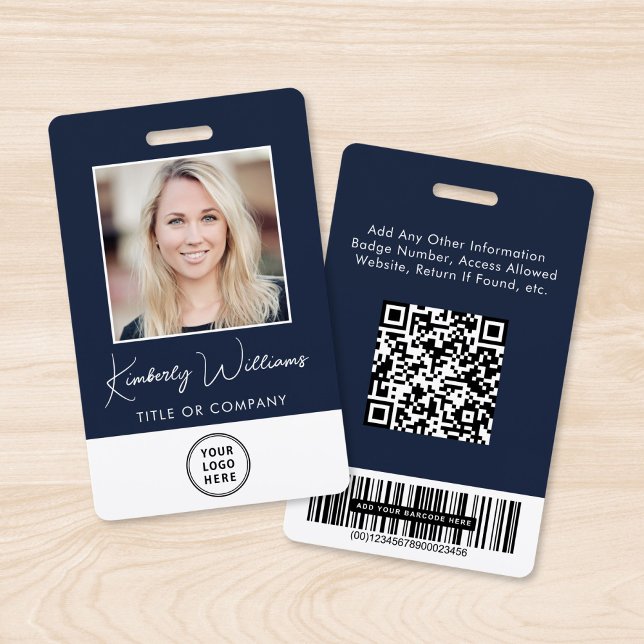 Logo QR Bar Codes Employee Blue Photo ID Badge (Creator Uploaded)