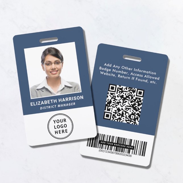 Logo QR Bar Codes Employee Photo Blue ID Badge (Creator Uploaded)