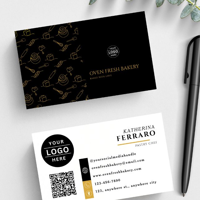 Logo QR Code Black Gold Bakery  Business Card (Creator Uploaded)