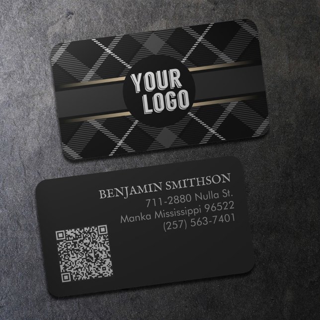  Logo & QR Code Charcoal Grey Plaid Modern Branded Business Card (Creator Uploaded)