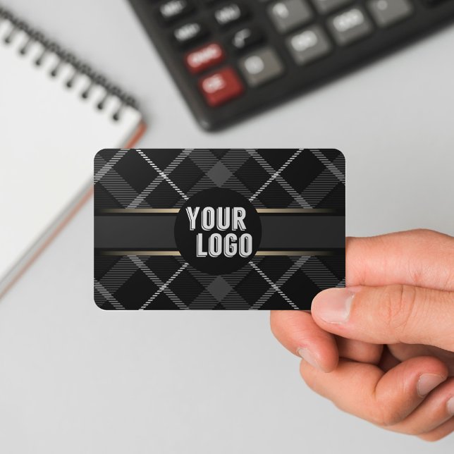  Logo & QR Code Charcoal Grey Plaid Modern Branded Business Card (Creator Uploaded)