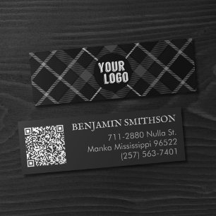  Logo & QR Code Charcoal Grey Plaid Modern Branded Mini Business Card