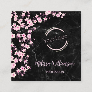 Logo QR Code Cherry Blossoms Black Marble Square Business Card