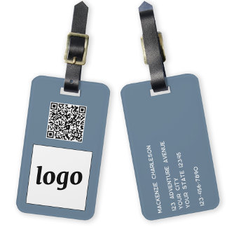 Logo QR Code Dusty Blue Grey Business Promotional Luggage Tag