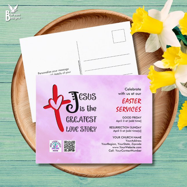Logo QR Code JESUS GREATEST LOVE STORY Easter Invitation Postcard (Modern HEARTS AND CROSSES invitation to church Easter services, incl logo and QR code.)