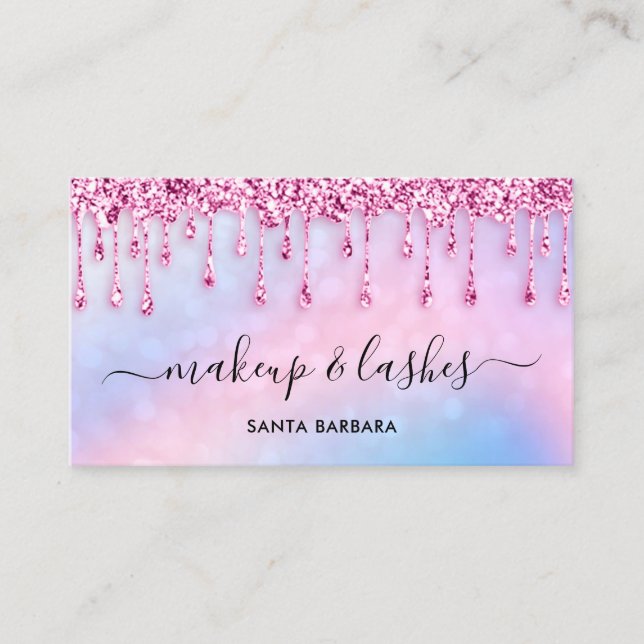 Logo QR Code Lash Makeup Hair Pink Glitter Drips Business Card (Front)