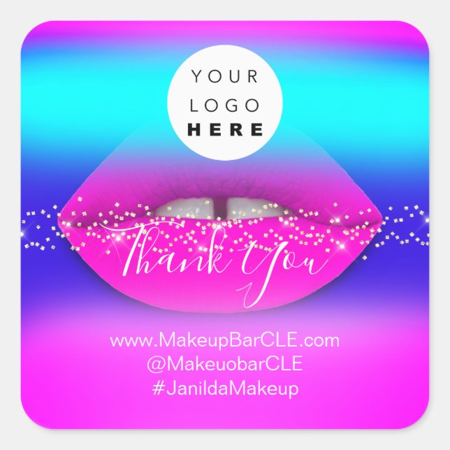 Logo QR Code Name Thank Shopping Pink Lips Blue Square Sticker (Front)