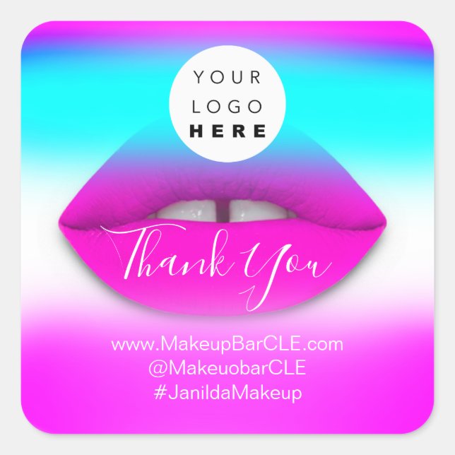 Logo QR Code Name Thank Shopping Pink Lips White Square Sticker (Front)