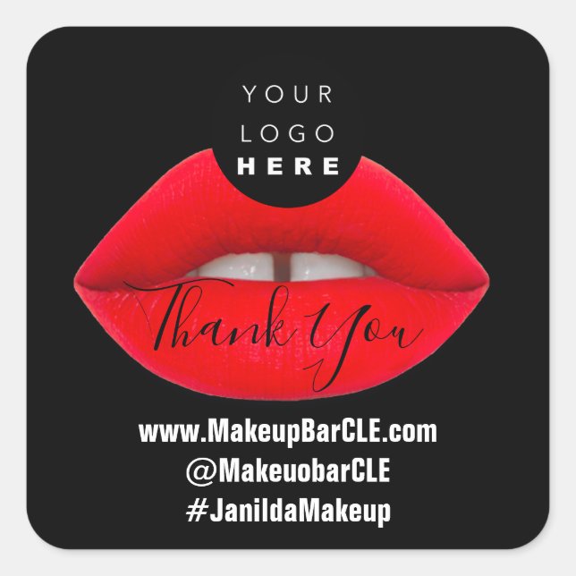 Logo QR Code Name Thank Shopping Red Lips Black Square Sticker (Front)