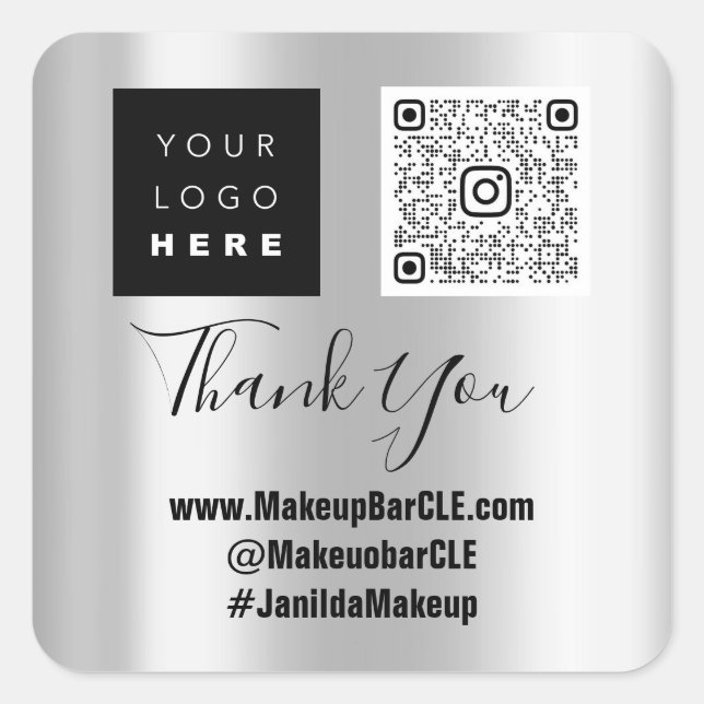 Logo QR Code Name Thank Shopping Web Social Silver Square Sticker (Front)