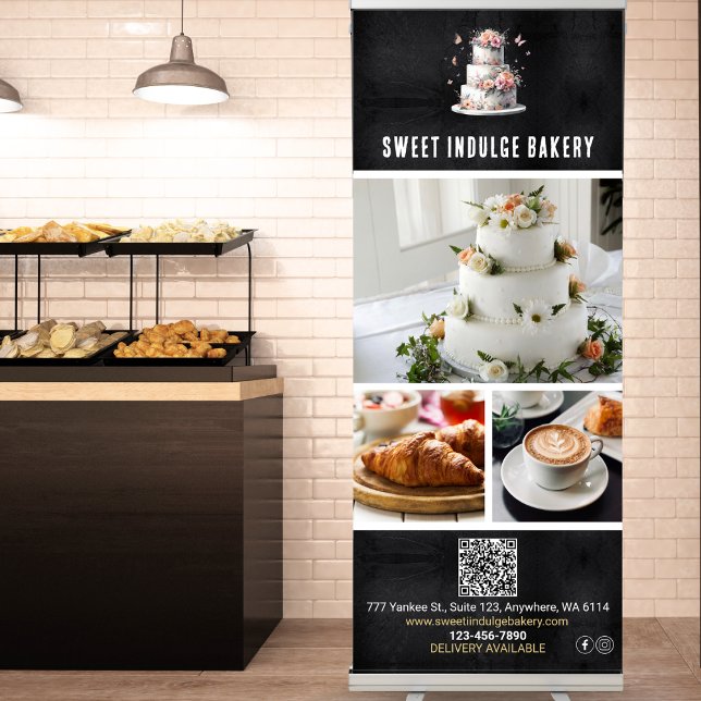 Logo QR Code Photo Black White Bakery Business Retractable Banner (Creator Uploaded)