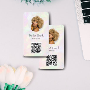 Logo QR Code & Photo Iridescent Holographic Girly Business Card