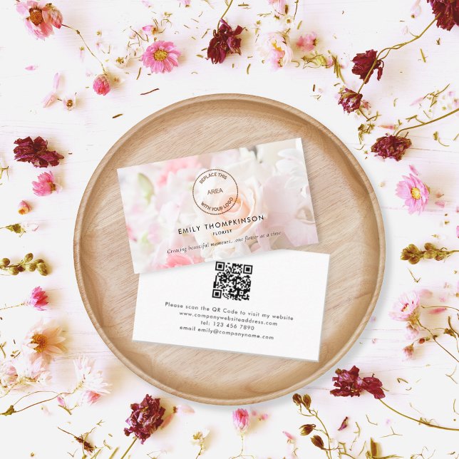 Logo QR Code Photo Overlay Florist Flower Shop Business Card (Creator Uploaded)