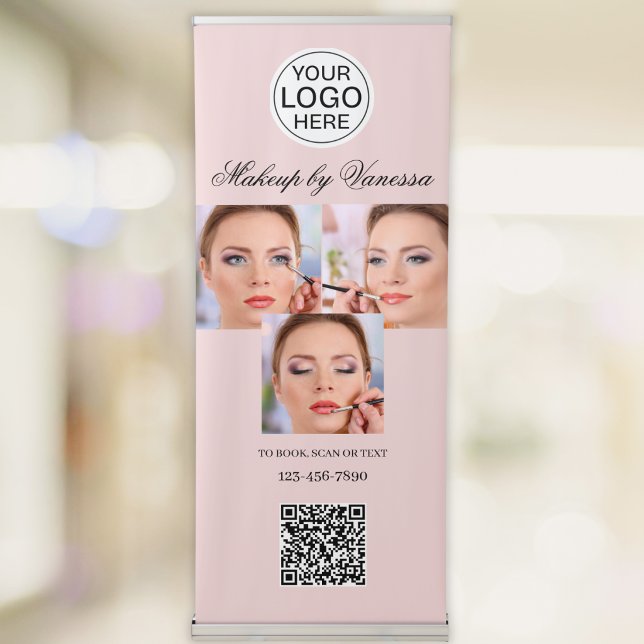 Logo QR Code Photo Script Blush Pink Makeup Studio Retractable Banner (Creator Uploaded)