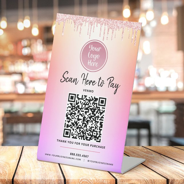 Logo QR Code Pink Glitter Drips Ombre Pay Here Pedestal Sign (Creator Uploaded)