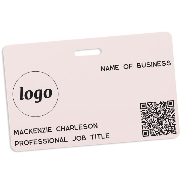 Logo QR Code Professional Business Blush Pink Name ID Badge (Simple logo QR code with custom text business promotional branding name tag)