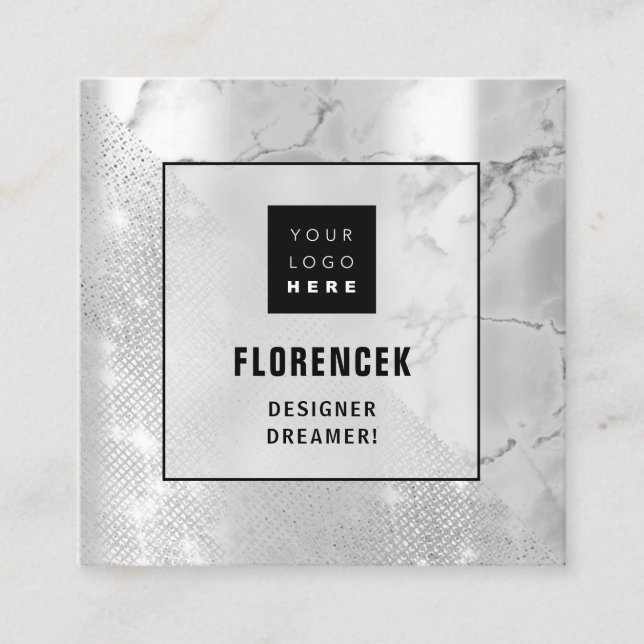 Logo QR CODE Shop Silver Marble Geometry  Square Business Card (Front)