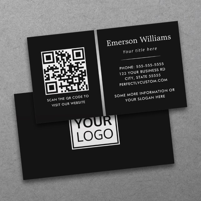 Logo QR code silver grey gradient divider black Business Card (Black, professional business cards with QR code and custom logo)