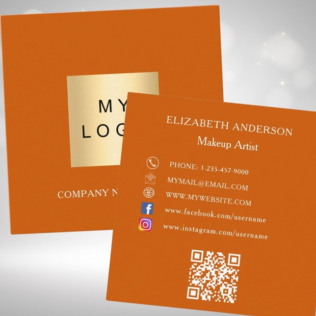 Logo QR code social media burnt orange Square Business Card (Creator Uploaded)