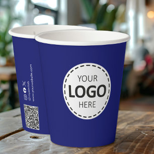 Logo, QR Code, Social Media Custom Blue Paper Cups