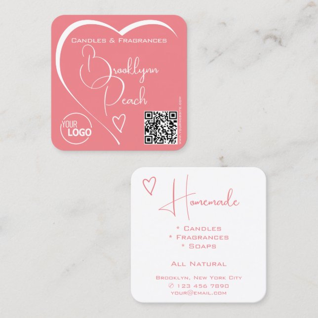 Logo QR Code Template Calligraphy Pink Blush Heart Square Business Card (Front/Back)
