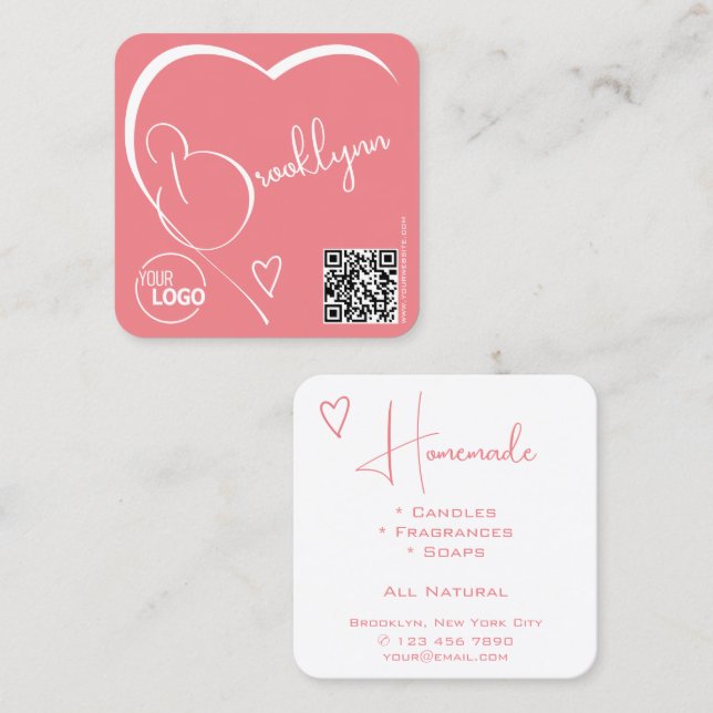 Logo QR Code Template Calligraphy Pink Blush Heart Square Business Card (Front/Back)