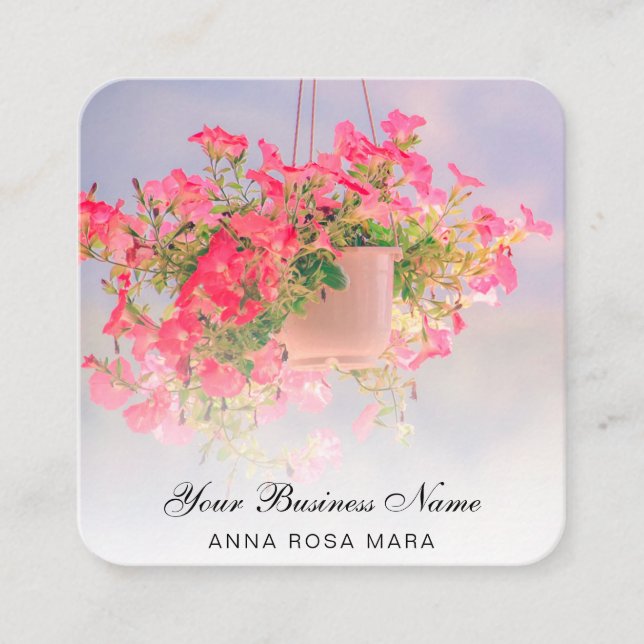 *~* Logo QR Floral Flower Hanging Pink Petunia Pot Square Business Card (Front)
