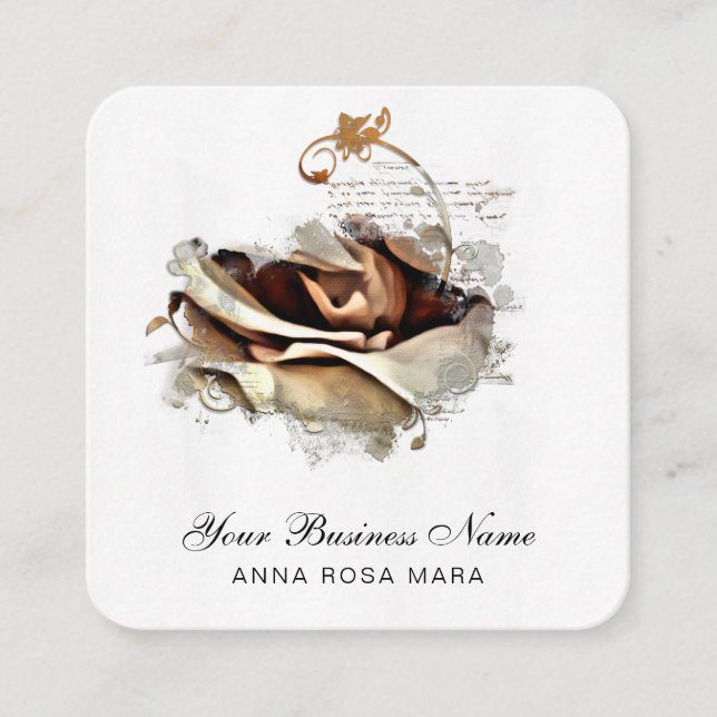*~* Logo QR Peach Gold Rose Floral Flower Square Business Card (Front)