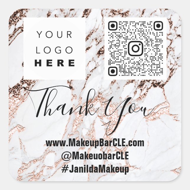 Logo QRCode Name Thank Shopping Marble Rose White Square Sticker (Front)