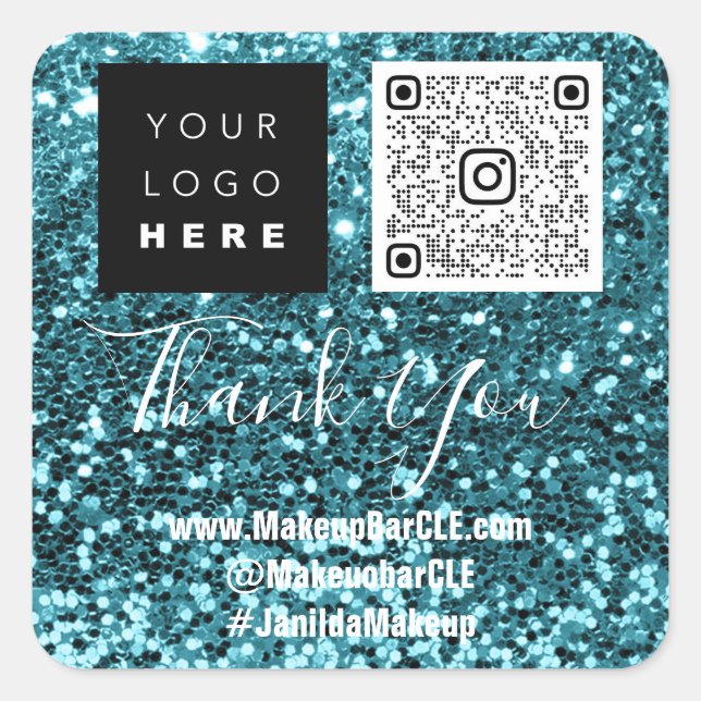 Logo QRCode Name Thank Shopping Social Blue Square Sticker (Front)