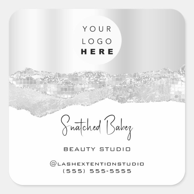 Logo QRCode Online Shop Glitter Silver Grey White Square Sticker (Front)