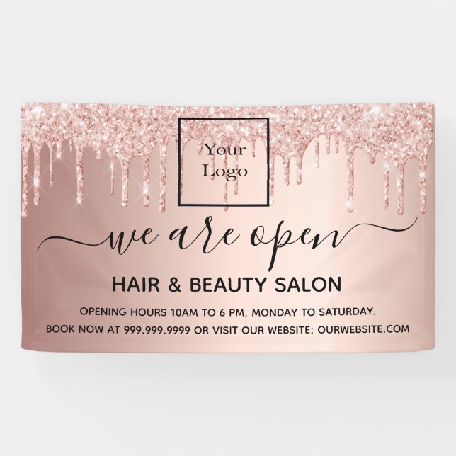 Logo reopening hair beauty salon rose gold glitter banner (Horizontal)
