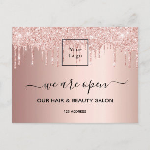 Logo reopening hair beauty salon rose gold glitter postcard