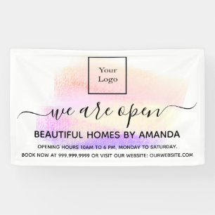 Logo reopening white pastels interior designer banner